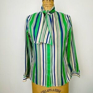 Vintage Striped Tie Neck Blouse by Personal, 1970s Women's Secretary Blouse